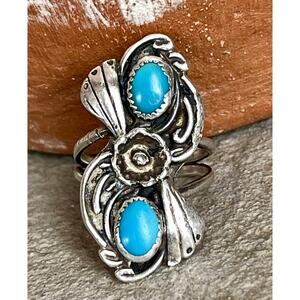 Navajo Sterling Silver Turquoise Ring Sz 4.5 Southwest Double Stone Flower Long